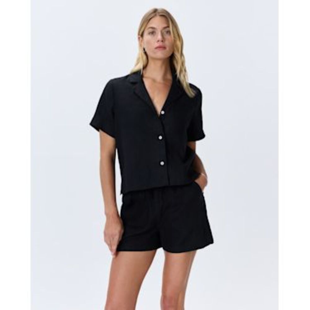 Quince Black Linen Short-Sleeve Button-Up Blouse